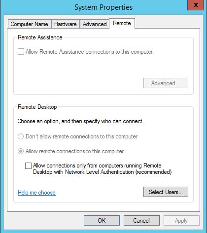 Disable NLA System Properties