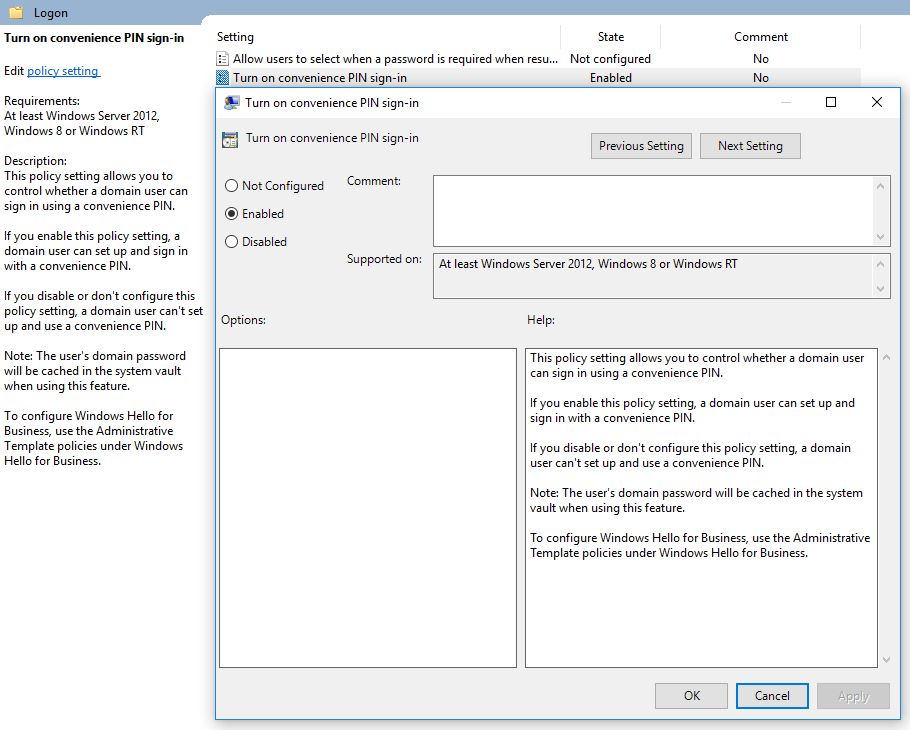 Enable Domain Users PIN Sign-in