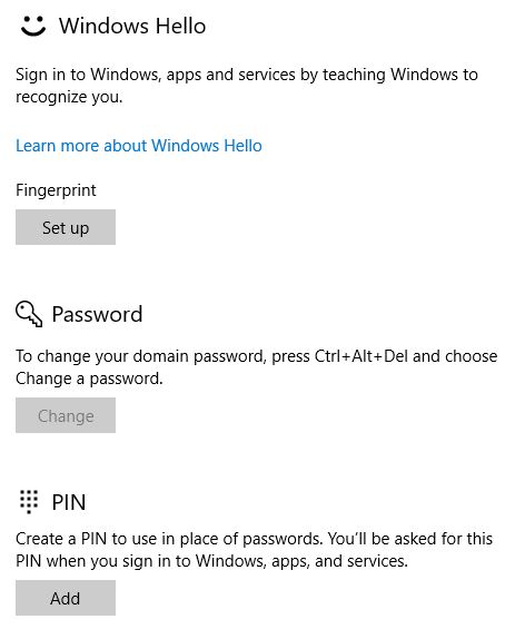 Fingerprint and PIN Options Windows 10