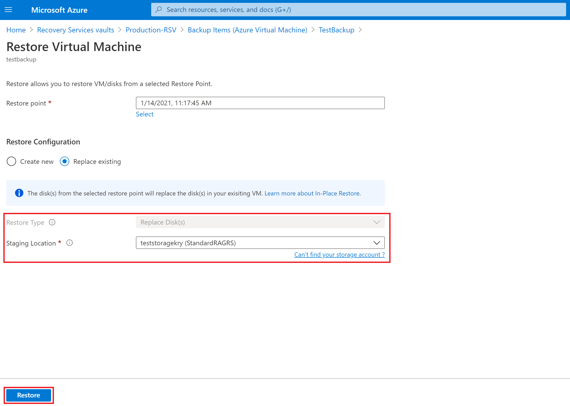 Restore Azure Virtual Machine