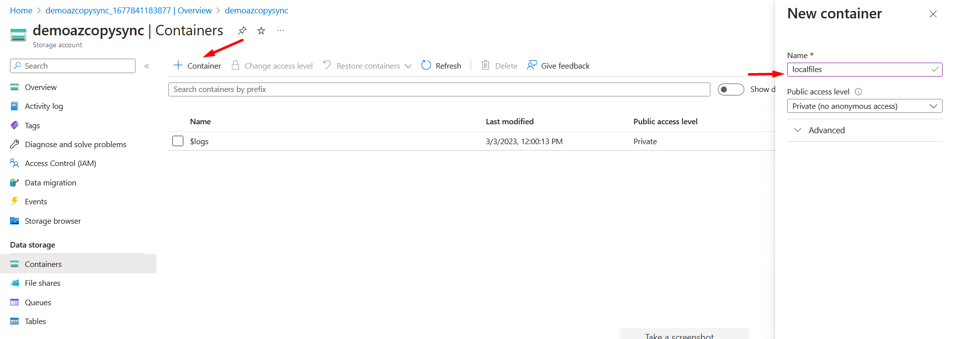 New Azure Storage Container