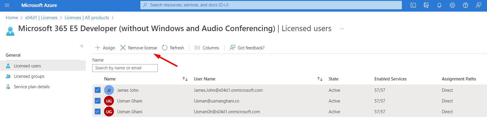 Remove license multiple users