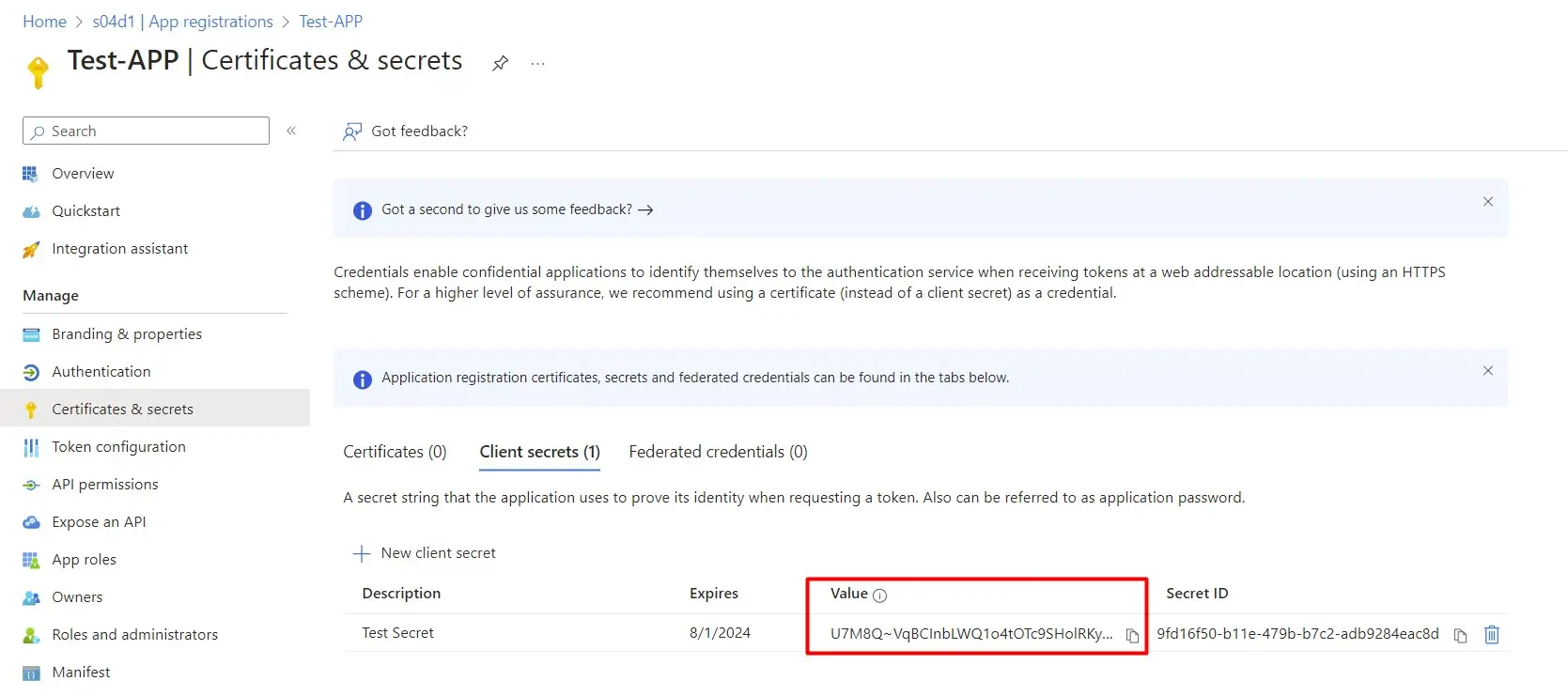 Secret Value in App registration Entra ID