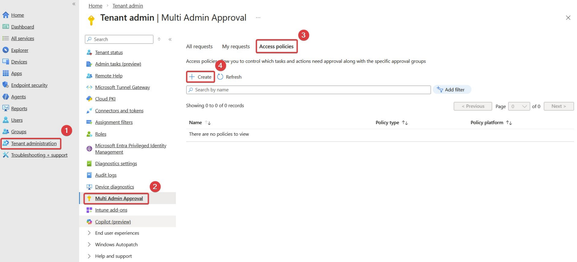 Intune Multi Admin Approval Access Policies menu in Tenant Administration