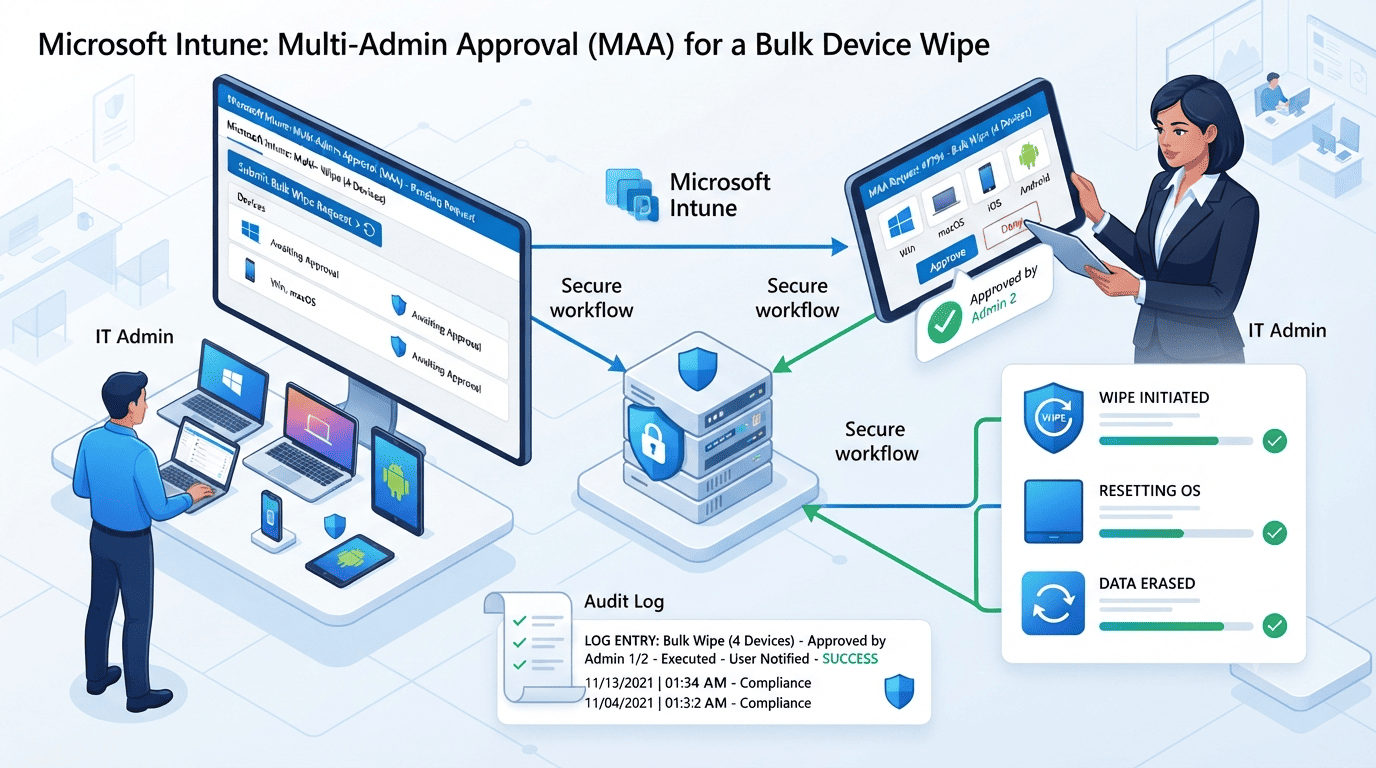 Microsoft Intune Multi-Admin Approval workflow for a bulk device wipe, showing an IT admin submitting a wipe request, a second admin approving it, and the wipe executing across devices with an audit log