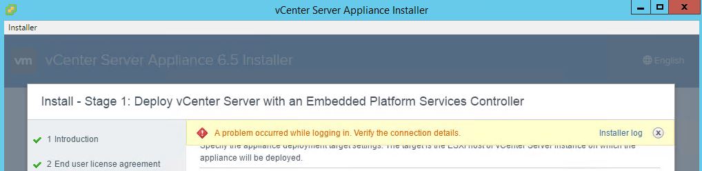 VCSA a problem occured while logging