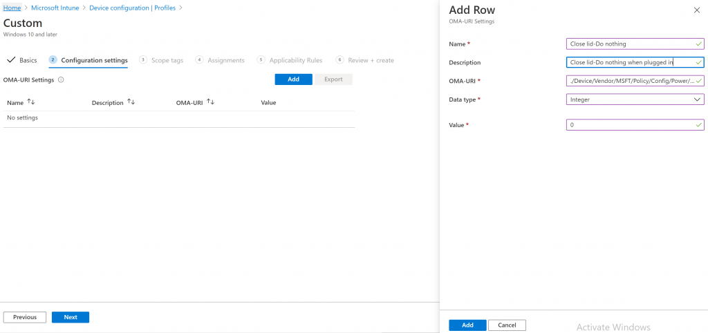 Intune custom profile settings