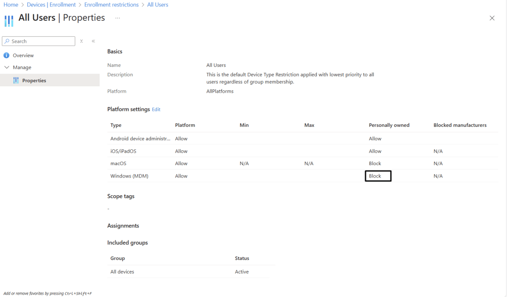 Device platform restrictions Intune